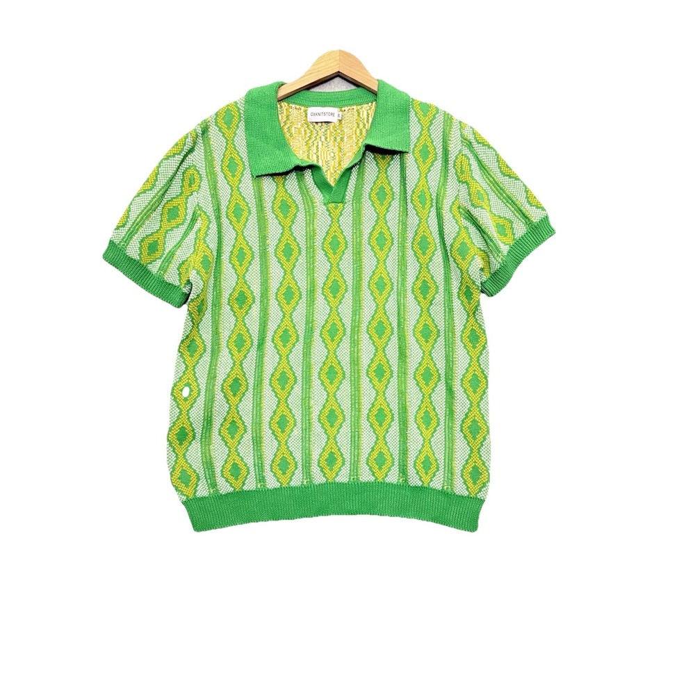 Oxknit Store Sweater Adult XL Knit Polo Shirt Green Geometric Retro 60s 70 Style